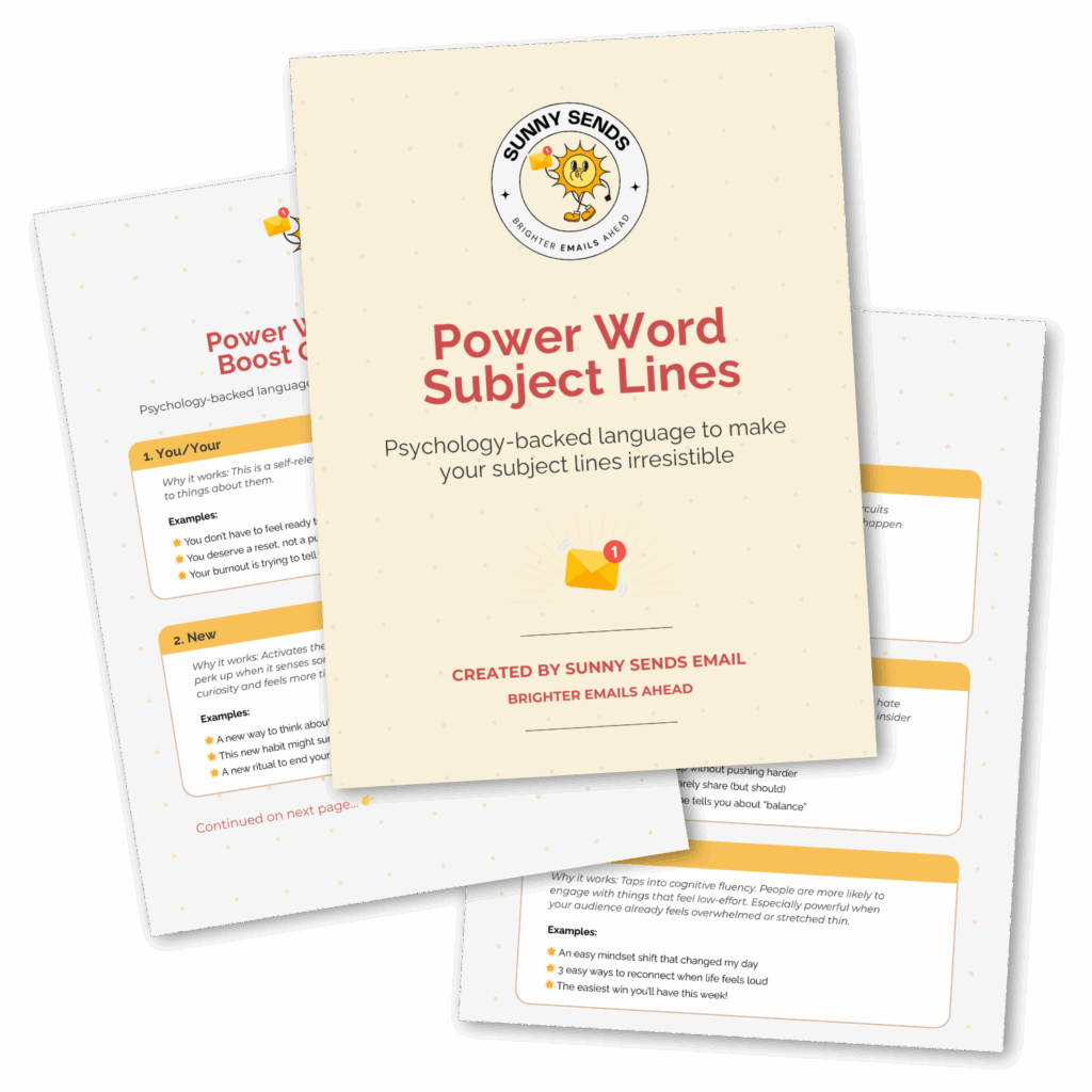 Downloadable cheat sheet with 15 subject line examples using high-converting power words.